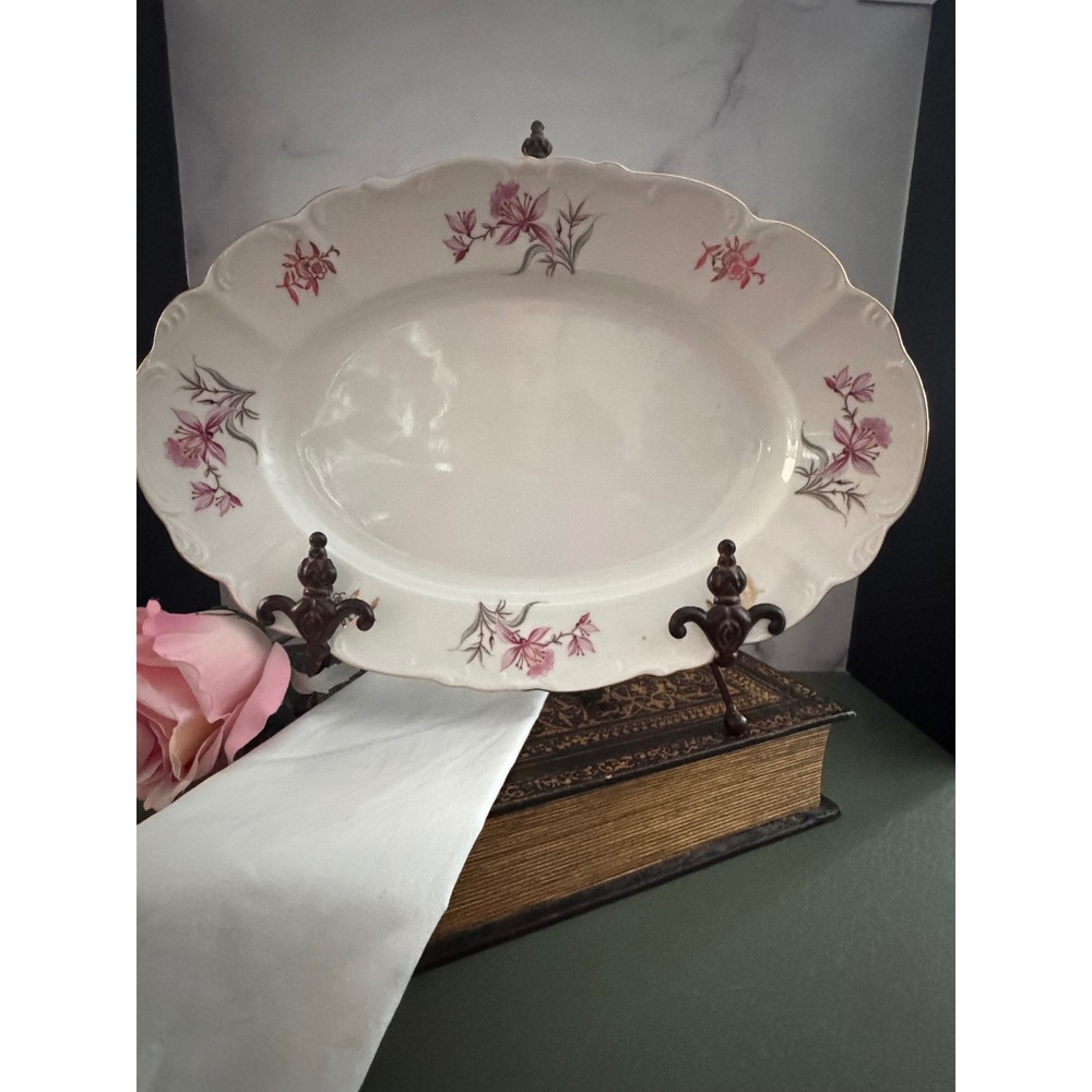 Fine Bohemian China Czechoslovakia Floral Oval Serving Platter Pink gld Trim 14" - Picture 2 of 6